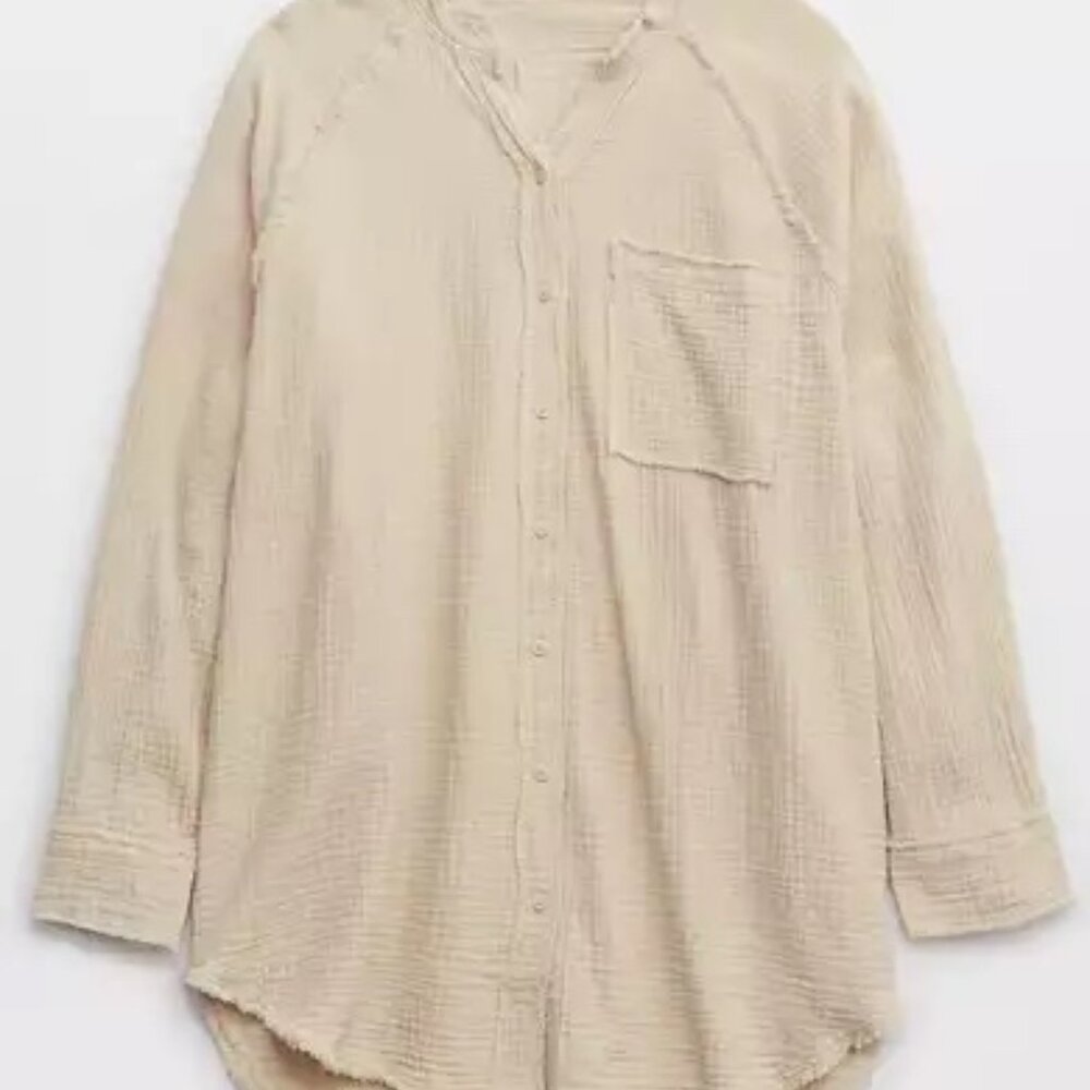 Aerie Beige Casual Button Down Shirt beach size M